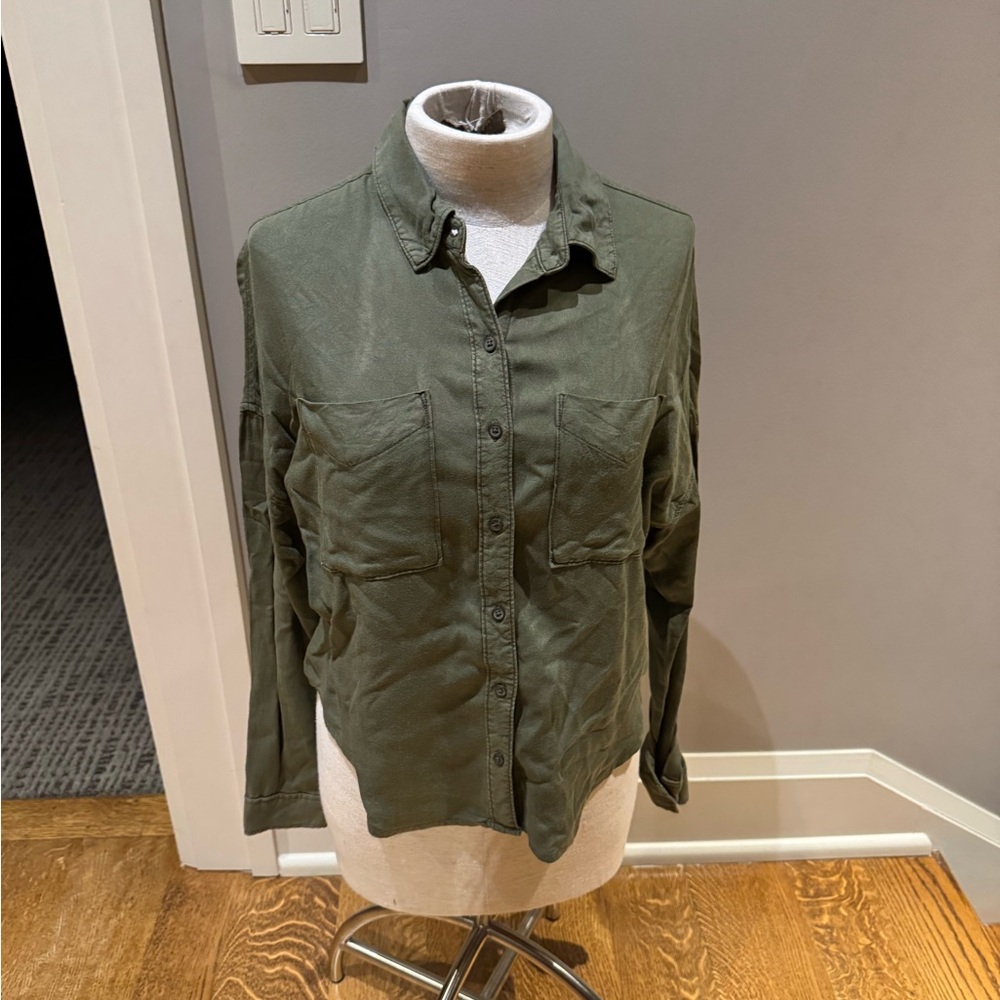 BP. Nordstrom Olive Utility Shirt cropped XXS Rayon Button Front - Picture 3 of 10